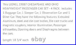 Lionel 6-19087 Chesapeake Ohio C&o 18'' Heavyweight Passenger 4 Car Set O Scale