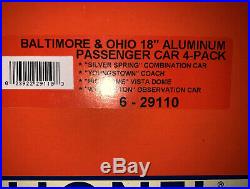 Lionel Baltimore & Ohio 18 Aluminum 4-car Passenger Set 6-29110 B&o O Scale