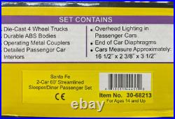 MTH Railking 30-68213 Santa Fe O Scale 60' Sleeper/Dinner 2-Car Passenger Set